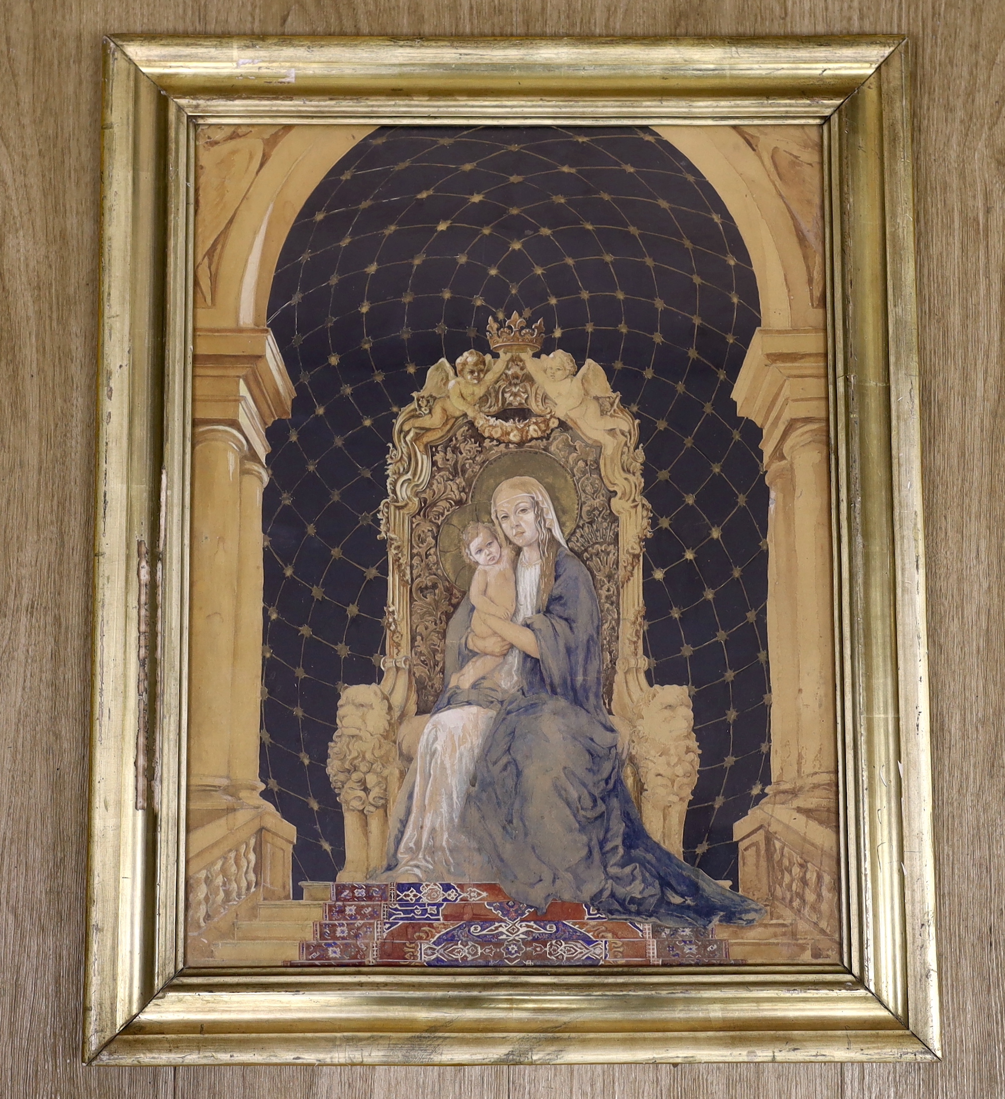 Continental School, heightened watercolour, Study of the Virgin Mary and Child seated on a throne, unsigned, 47 x 35cm